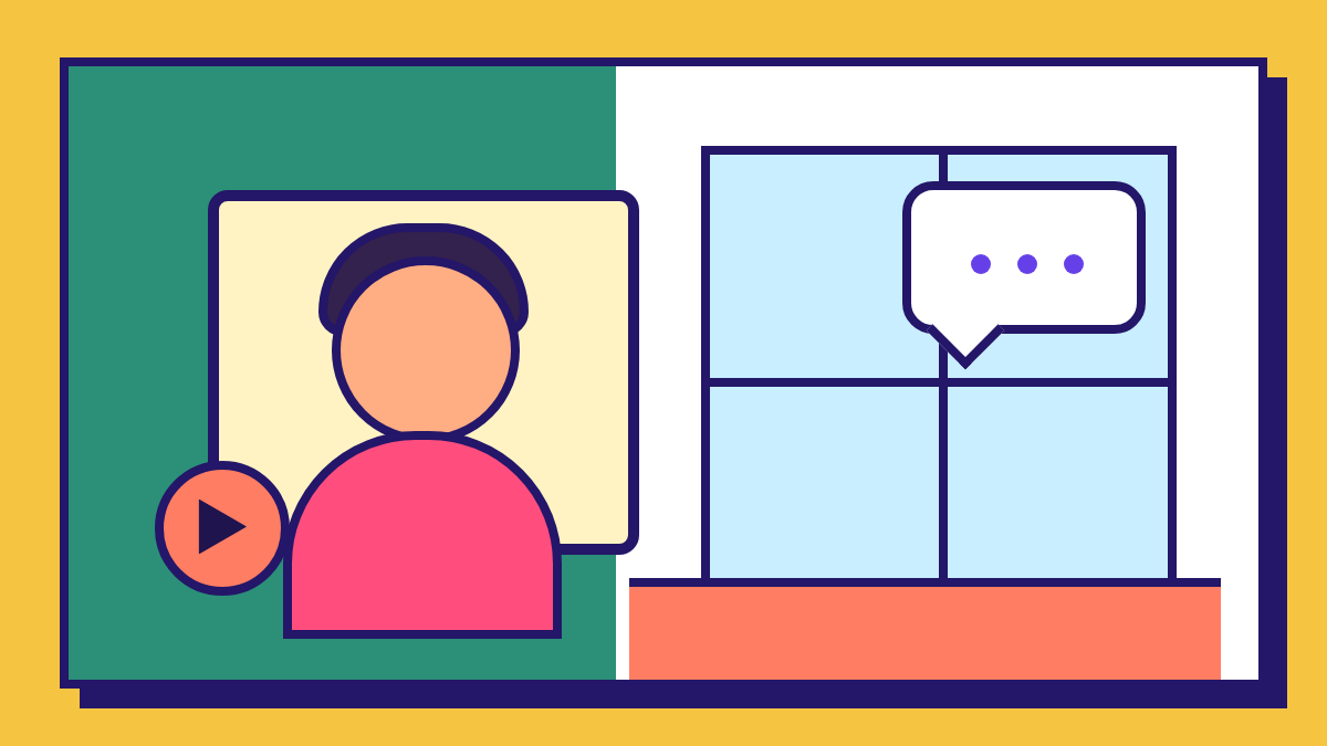 Editorial illustration of a video chat with a conversation bubble