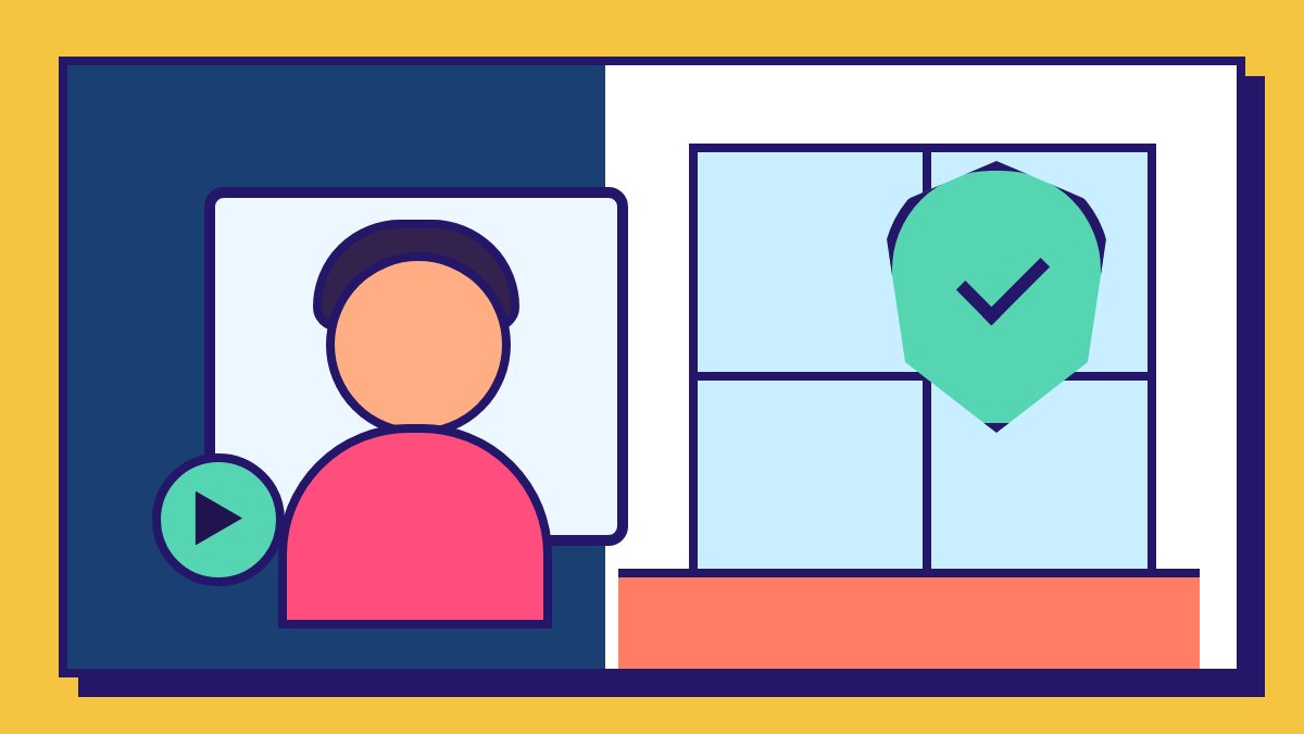 Editorial illustration of a protected video conversation with a safety shield